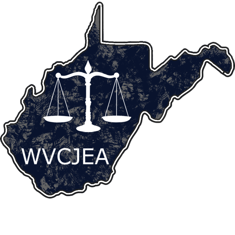 An outline of the state of WV with "WVCJEA" and scales of justice inside.